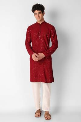 Maroon colour ethnic trending sequins work cotton fabric kurta for men 1