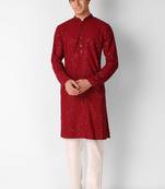 Maroon colour ethnic trending sequins work cotton fabric kurta for men