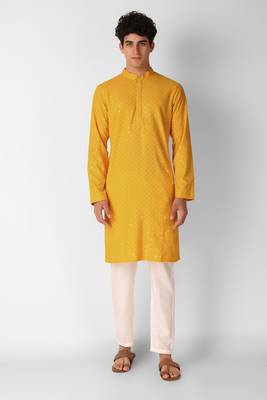 Yellow colour ethnic trending sequins work cotton fabric kurta for men 1
