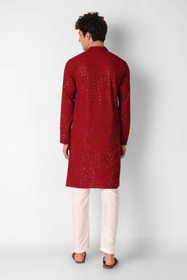 Maroon colour ethnic trending sequins work cotton fabric kurta for men 2