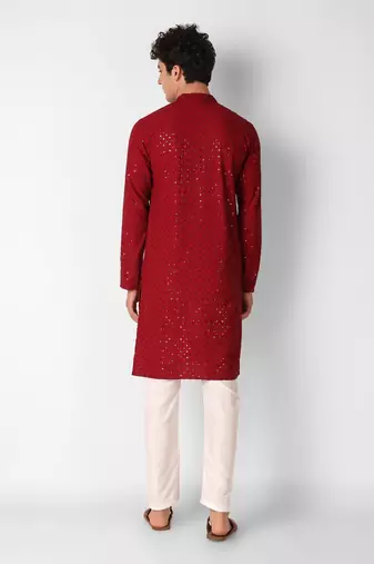 Maroon colour ethnic trending sequins work cotton fabric kurta for men