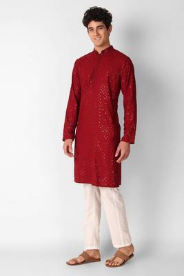 Maroon colour ethnic trending sequins work cotton fabric kurta for men 3