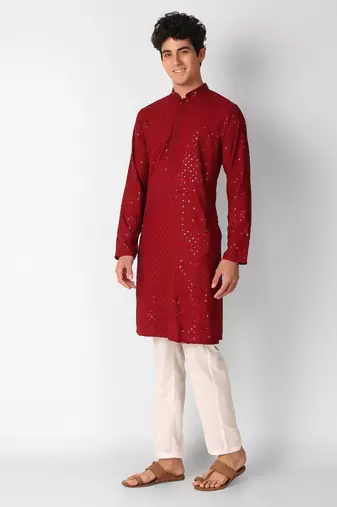 Maroon colour ethnic trending sequins work cotton fabric kurta for men