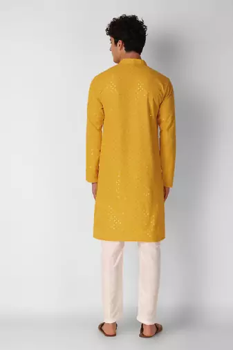 Yellow colour ethnic trending sequins work cotton fabric kurta for men