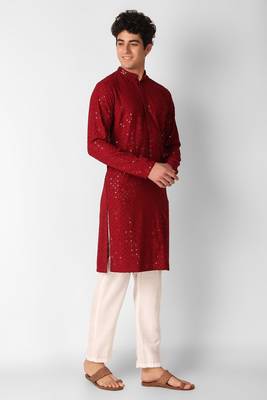 Maroon colour ethnic trending sequins work cotton fabric kurta for men 4