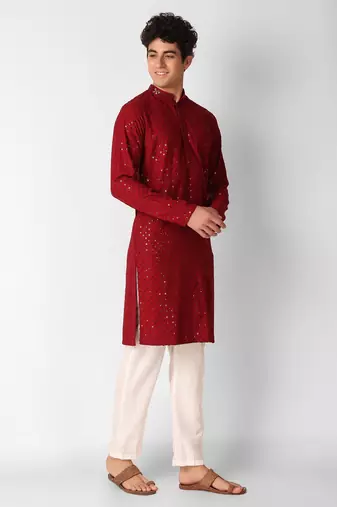 Maroon colour ethnic trending sequins work cotton fabric kurta for men
