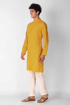 Yellow colour ethnic trending sequins work cotton fabric kurta for men 3