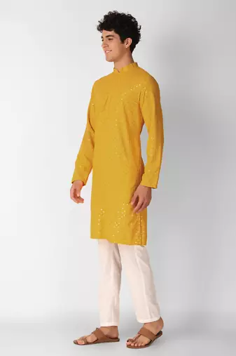 Yellow colour ethnic trending sequins work cotton fabric kurta for men