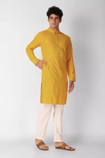 Yellow colour ethnic trending sequins work cotton fabric kurta for men