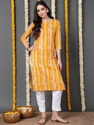 women yellow cotton abstract printed straight kurta 1
