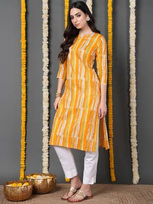 women yellow cotton abstract printed straight kurta 3