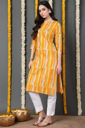 women yellow cotton abstract printed straight kurta
