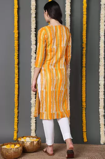 women yellow cotton abstract printed straight kurta