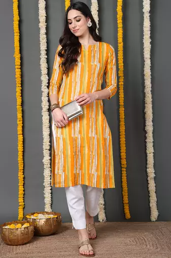 women yellow cotton abstract printed straight kurta