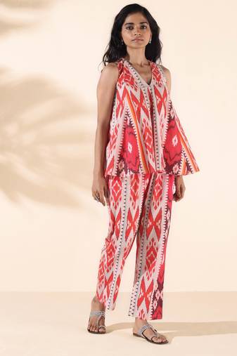 maroon cotton ikat flared co-ord set