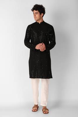 Black colour ethnic trending sequins work cotton fabric kurta for men 1