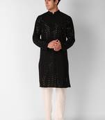 Black colour ethnic trending sequins work cotton fabric kurta for men