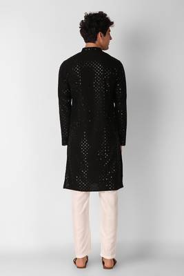 Black colour ethnic trending sequins work cotton fabric kurta for men 2