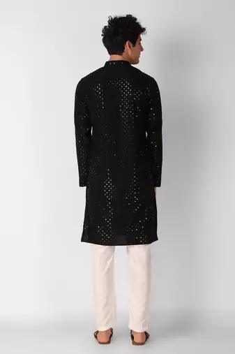 Black colour ethnic trending sequins work cotton fabric kurta for men