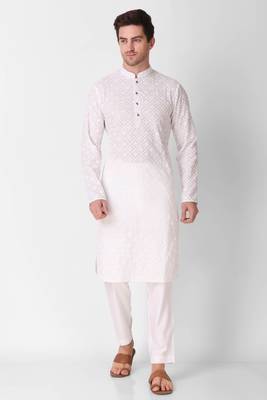 White colour ethnic trending sequins work cotton fabric kurta for men 1