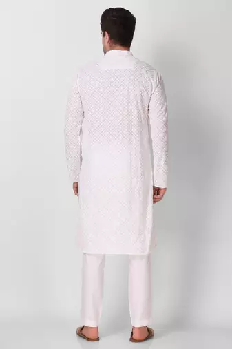 White colour ethnic trending sequins work cotton fabric kurta for men