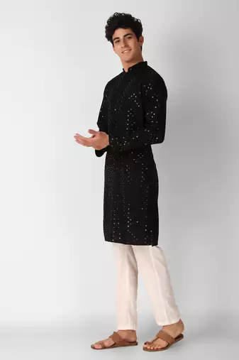 Black colour ethnic trending sequins work cotton fabric kurta for men