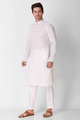 White colour ethnic trending sequins work cotton fabric kurta for men 3