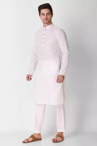 White colour ethnic trending sequins work cotton fabric kurta for men