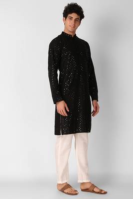 Black colour ethnic trending sequins work cotton fabric kurta for men 4