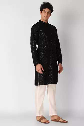 Black colour ethnic trending sequins work cotton fabric kurta for men