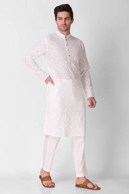 White colour ethnic trending sequins work cotton fabric kurta for men 4