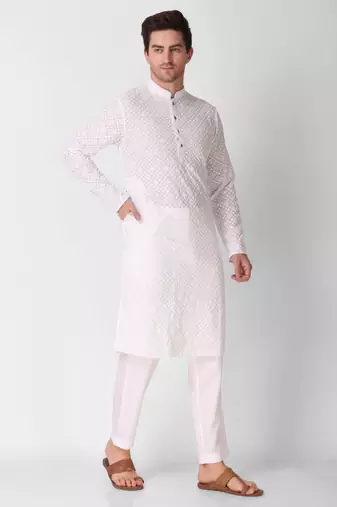 White colour ethnic trending sequins work cotton fabric kurta for men