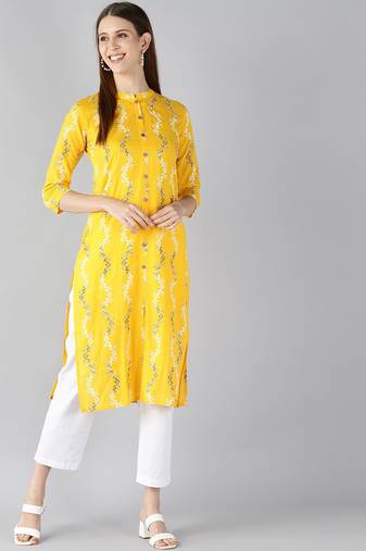 women yellow cotton abstract printed straight kurta