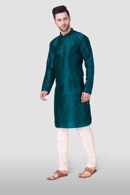 Ethnic teal art silk kurta payjama set for ethnic festive traditional looks 3