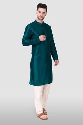 Ethnic teal art silk kurta payjama set for ethnic festive traditional looks 4