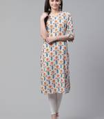 women off white cotton floral printed straight kurta