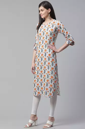 women off white cotton floral printed straight kurta