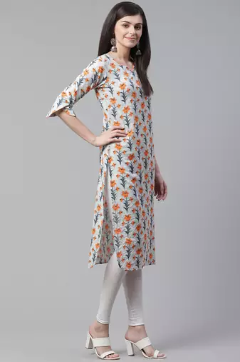 women off white cotton floral printed straight kurta