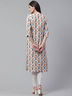 women off white cotton floral printed straight kurta 5