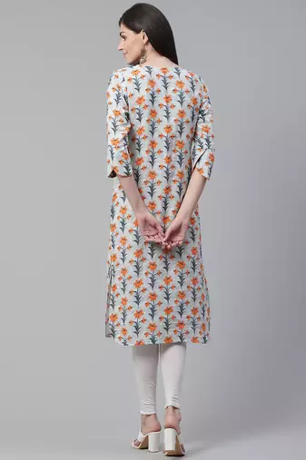 women off white cotton floral printed straight kurta