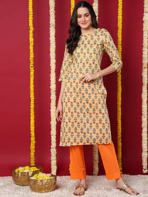 women beige cotton ethnic motifs printed straight kurta 1