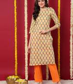 women beige cotton ethnic motifs printed straight kurta