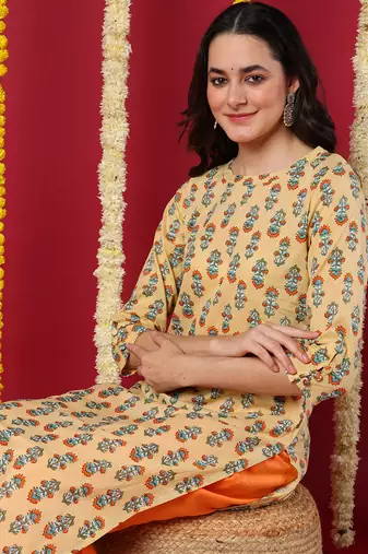 women beige cotton ethnic motifs printed straight kurta
