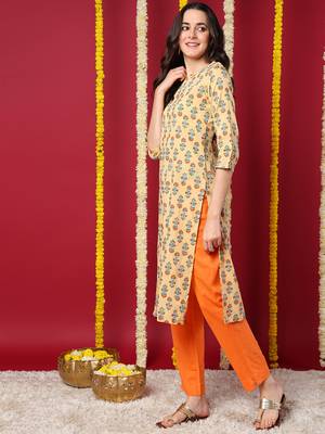 women beige cotton ethnic motifs printed straight kurta 3