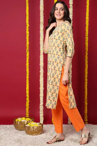 women beige cotton ethnic motifs printed straight kurta