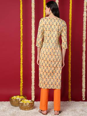 women beige cotton ethnic motifs printed straight kurta 4