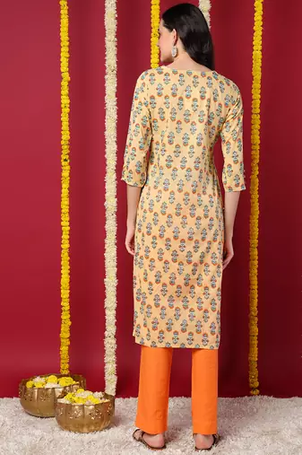 women beige cotton ethnic motifs printed straight kurta