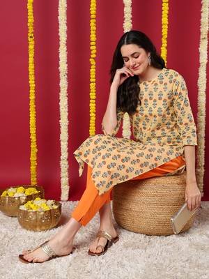 women beige cotton ethnic motifs printed straight kurta 5