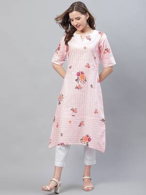 White Cotton Striped Printed Kurti 1