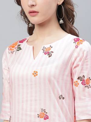 White Cotton Striped Printed Kurti 2